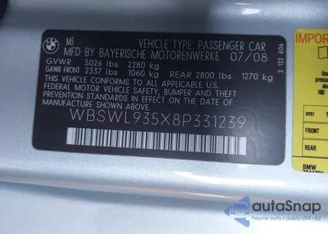 2008 BMW M3 из США, поврежденный, VIN WBSWL935X8P331239